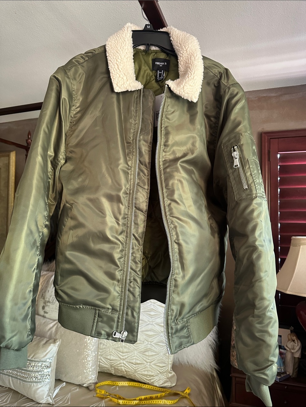 Forever 21 Olive Green Bomber Jacket with Cream Sherpa Collar